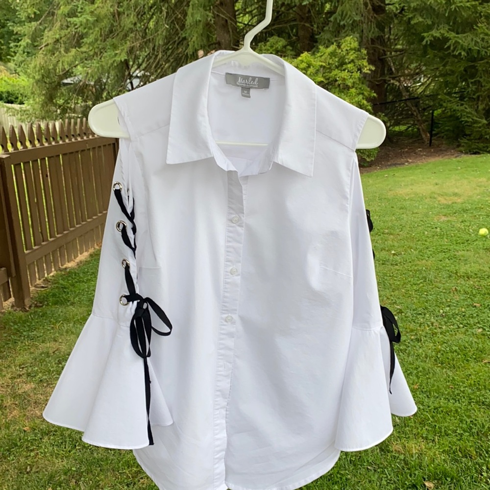 Split sleeve, bell sleeve tailored white blouse.